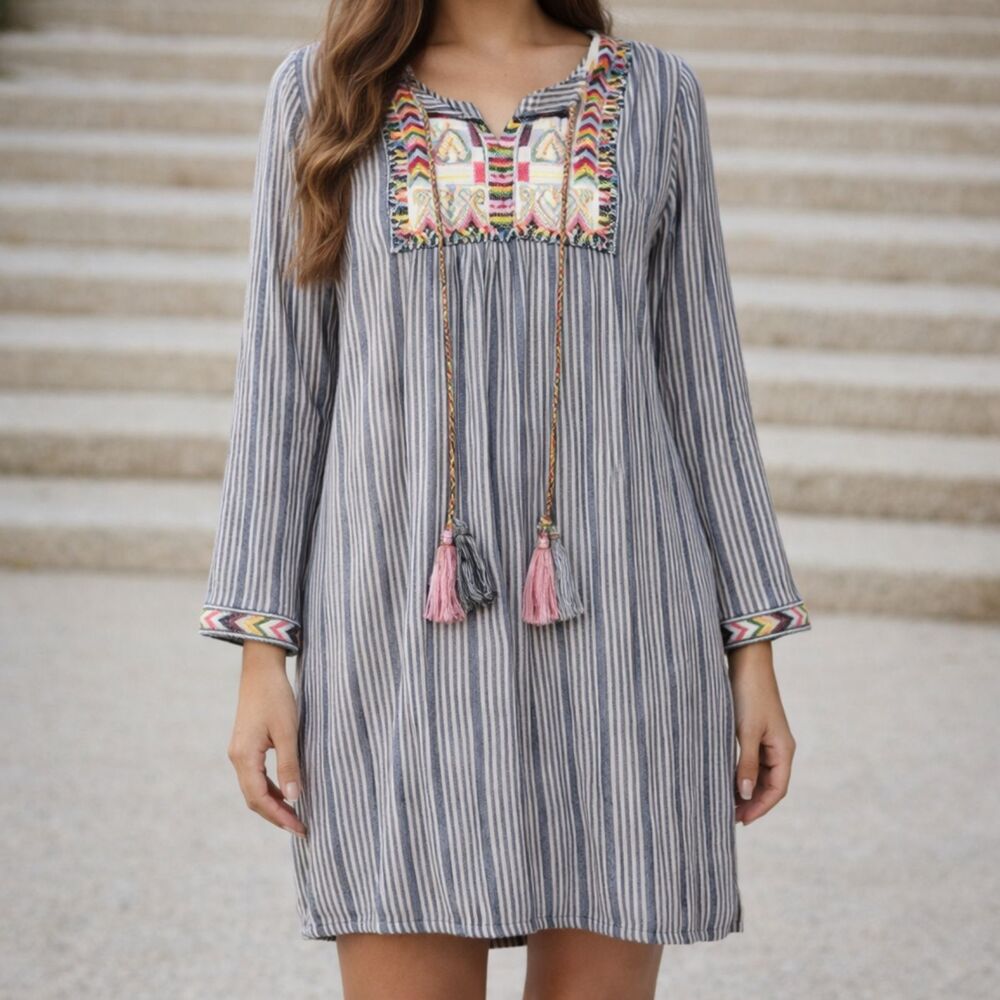 Philosophy Tunic Dress Womens Large Embroidered Boho Stripes Festival Tassels